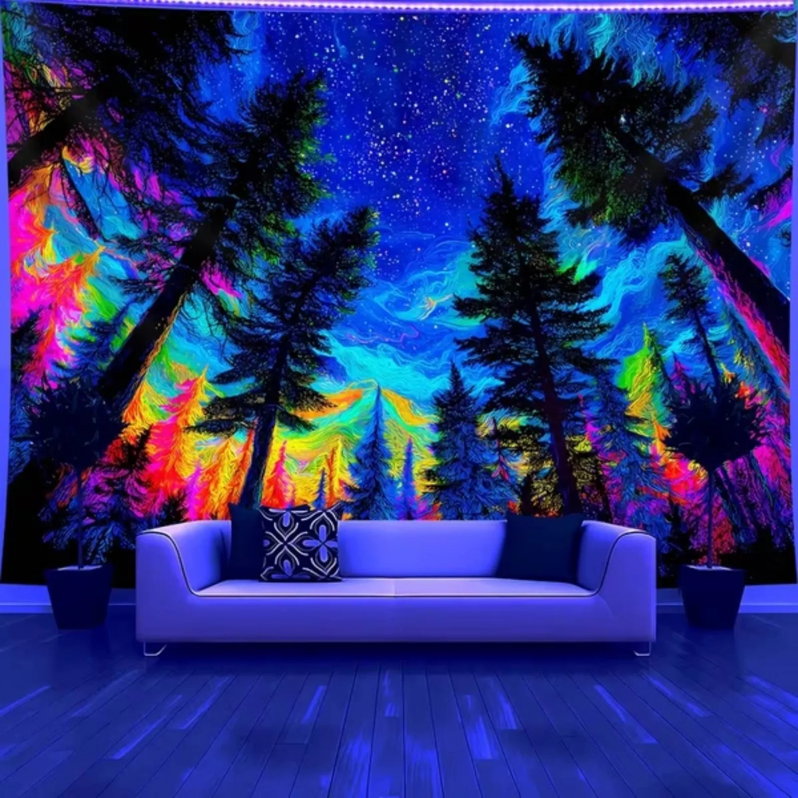 1pc UV Glow in the Dark Tapestry - Starry Sky Forest Fluorescent Wall Hanging, Large Peach Light Beige Fabric with Hand-Stitched Edges, Wrinkle-Resistant Indoor Decor for Bedroom, Bedroom Wall Decor
