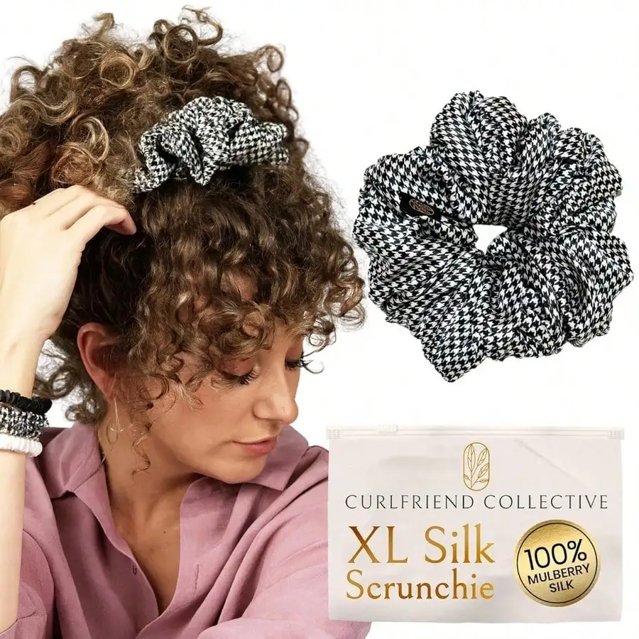 

Houndstooth XL Silk Scrunchie 100% 22 Momme Mulberry Silk Hair Tie For Curly Coily And Thick Hair Gentle Hold Extra Stretch Stylish And Snag-Free