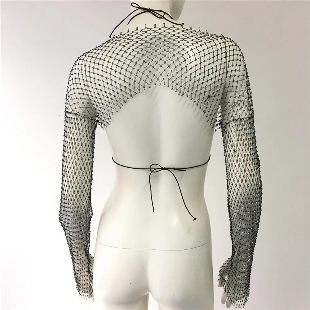 مثير منظور شبكة صيد السمك الخامس الرقبة عارية الذراعين الظهر كم طويل تي شيرت مهرجان ملابس فاخرة حجر الراين الصدرية التستر 2 قطعة مجموعة