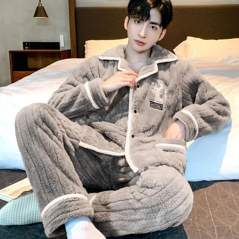Pijamas de lana de Coral para hombre, ropa de estar por casa de franela cálida, holgada, talla grande, otoño e invierno, novedad de 2024