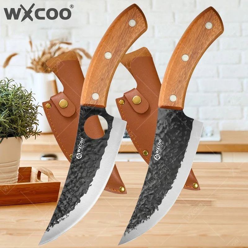 WXCOO Ergonomic Kitchen Hand Forged Cherry Wood Handle Hammered Black Blade Butcher Knife for Home Kitchen Meat Bone Processing