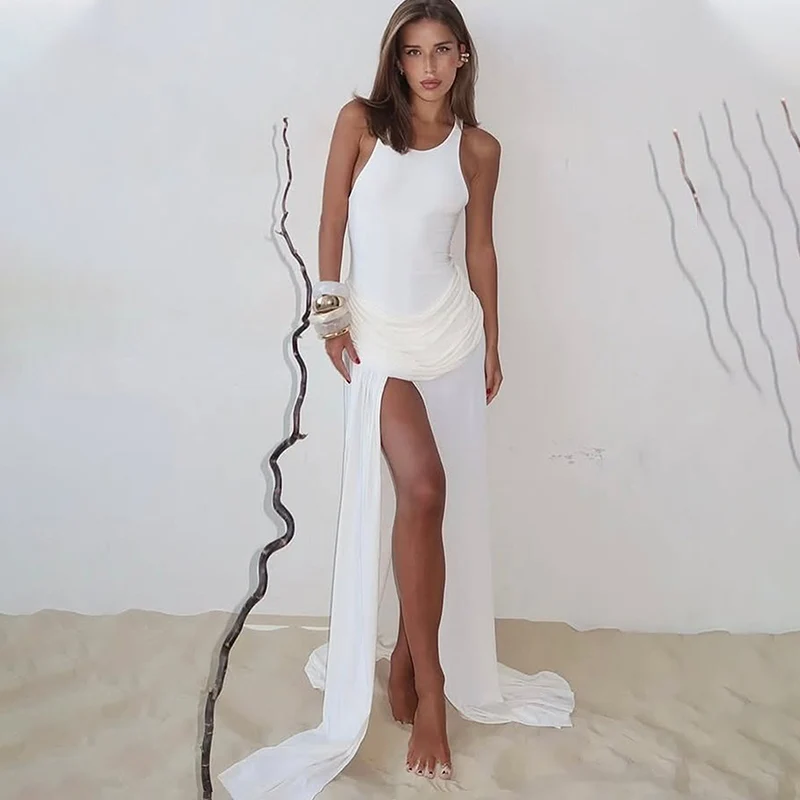 TARUXY Sexy Slit Pleated Dress Women's Fashion Solid Sleeveless Slim High Waist Patchwork Dress Summer New High Street Clothing
