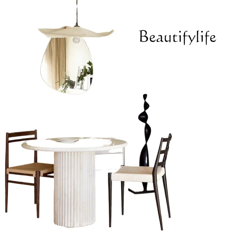 

Natural marble wabi sand travertine imported dining table living room household round light luxury high-end dining table