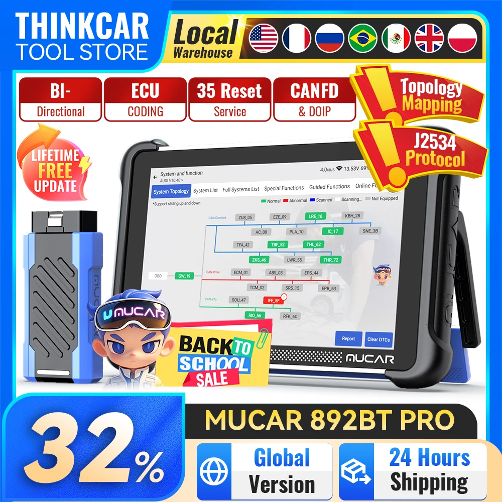 MUCAR 892BT PRO Professional Diagnostic Tool with Topology Map J2534 CANFD DOIP Protocol 35 Reset Lifetime Free Mucar Scan Tool