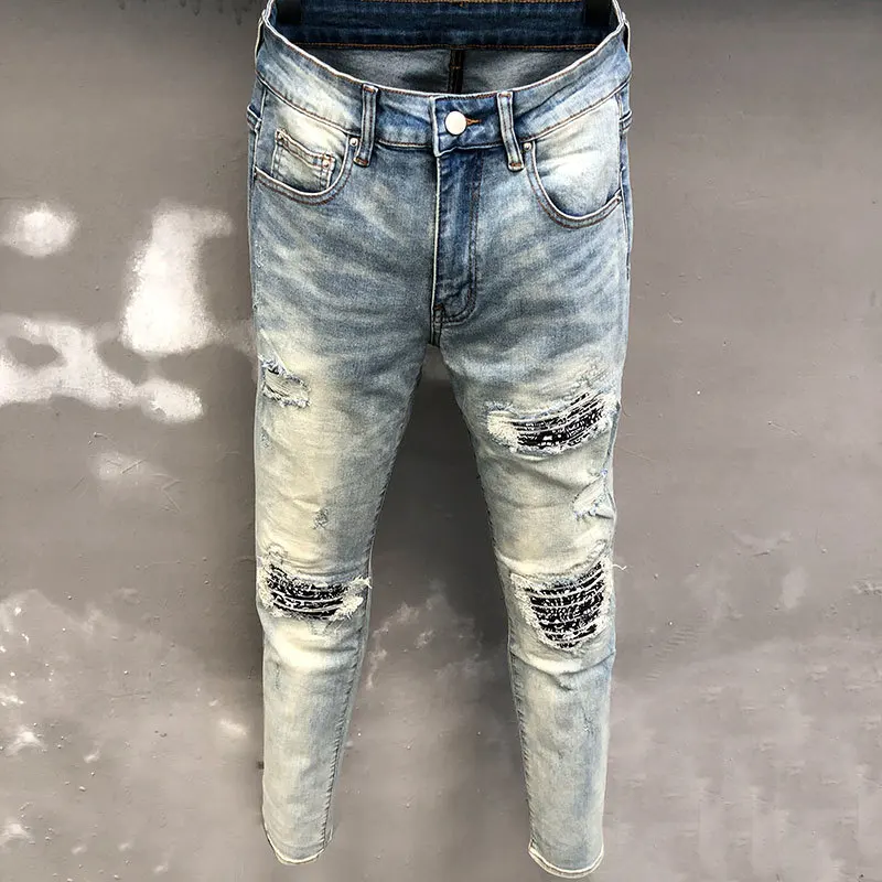 

Motorcycle Pants Stacked Men Jeans Skinny Streetwear Black Ripped Jean Noir Homme Zipper Hole Jean For Men Patchwork Jean Hombre