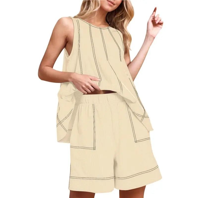 

CYL-Women Short Sets 2 Piece Vacation Outfits Sleeveless Tank Top And Shorts Matching Set With Pockets