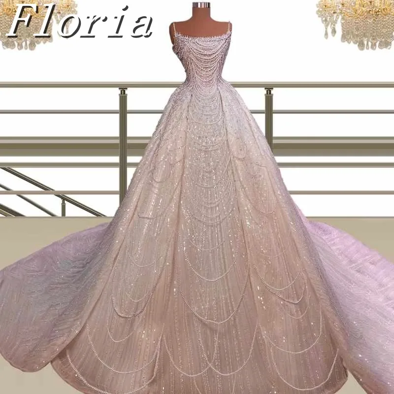 ใหม่ล่าสุด Elegant Glitter ชุดแต่งงานสําหรับเจ้าสาวสปาเก็ตตี้ไข่มุกพู่ชุดแต่งงานหรูหราชุดเจ้าสาว Robe De Mariée