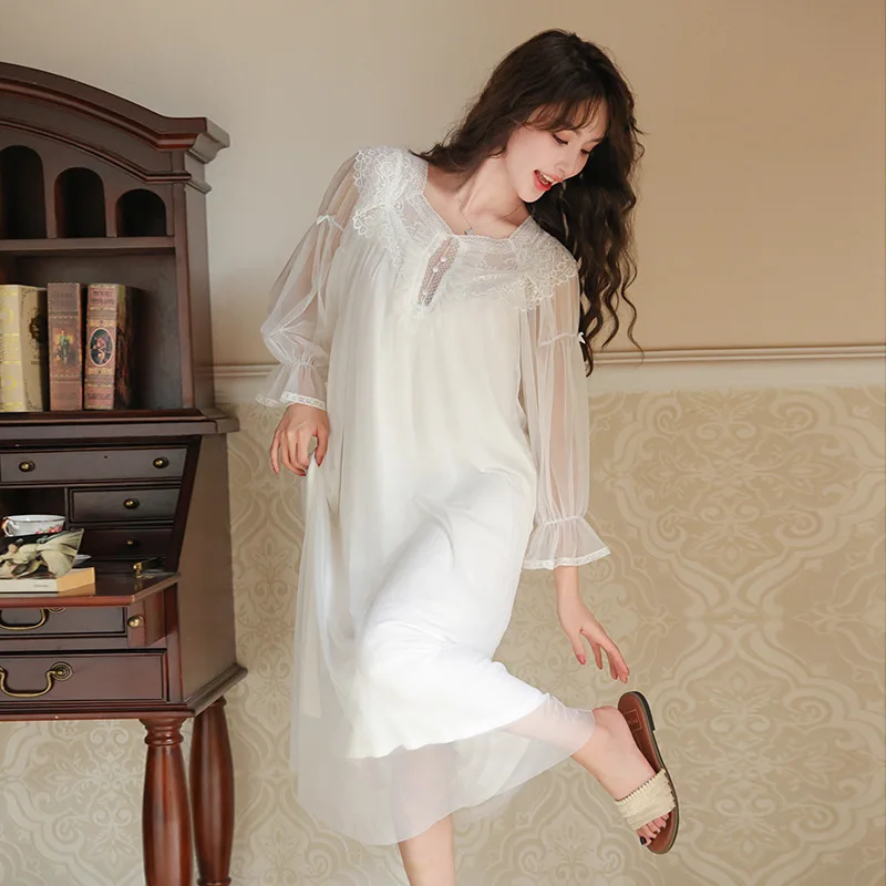 Women's Mesh Nightdress Long Sleeve Spring Lace Ladies Nightgown Solid Square Collar French Style Fairy Sleepwear Nightgowns