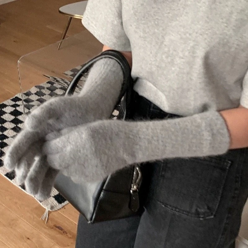 1Pc Korean Ins Style Long Knitted Five Finger Gloves Solid Color Warm Cold Proof Winter Mittens For Women Daily Outdoor Wearing