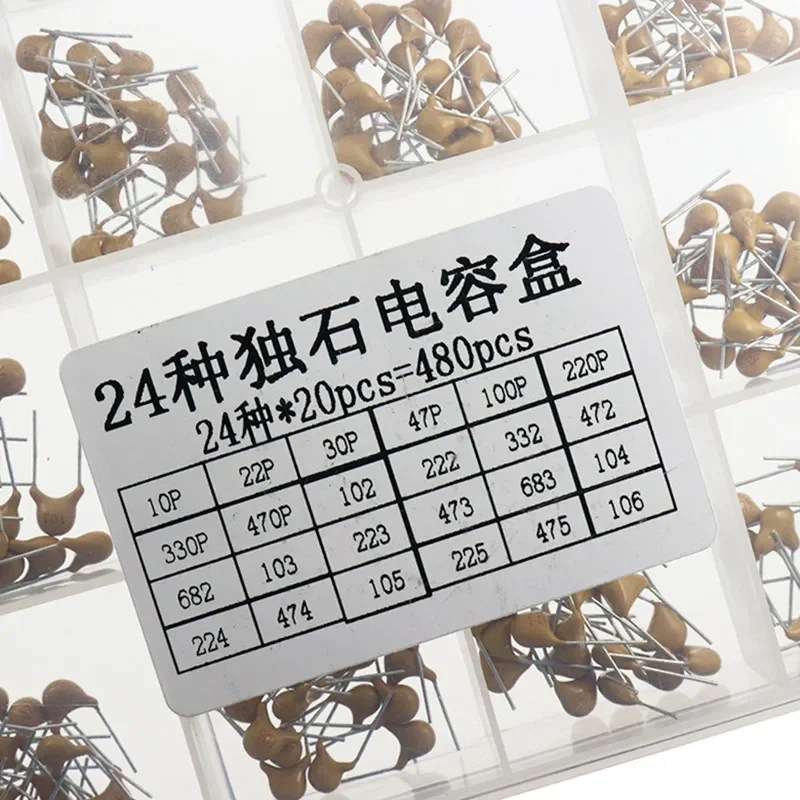 

480PCS 24 types of monolithic capacitor box set inkless ceramic capacitor sample box 10PF~10UF 50V