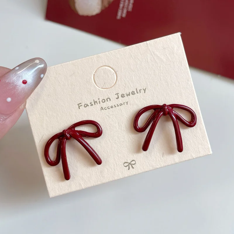 الرجعية نمط الأحمر Bowknot وأقراط للنساء الفتيات أقراط بسيطة ثقب الباليه الشريط جماليات أنيقة الأذن مجوهرات هدايا #6