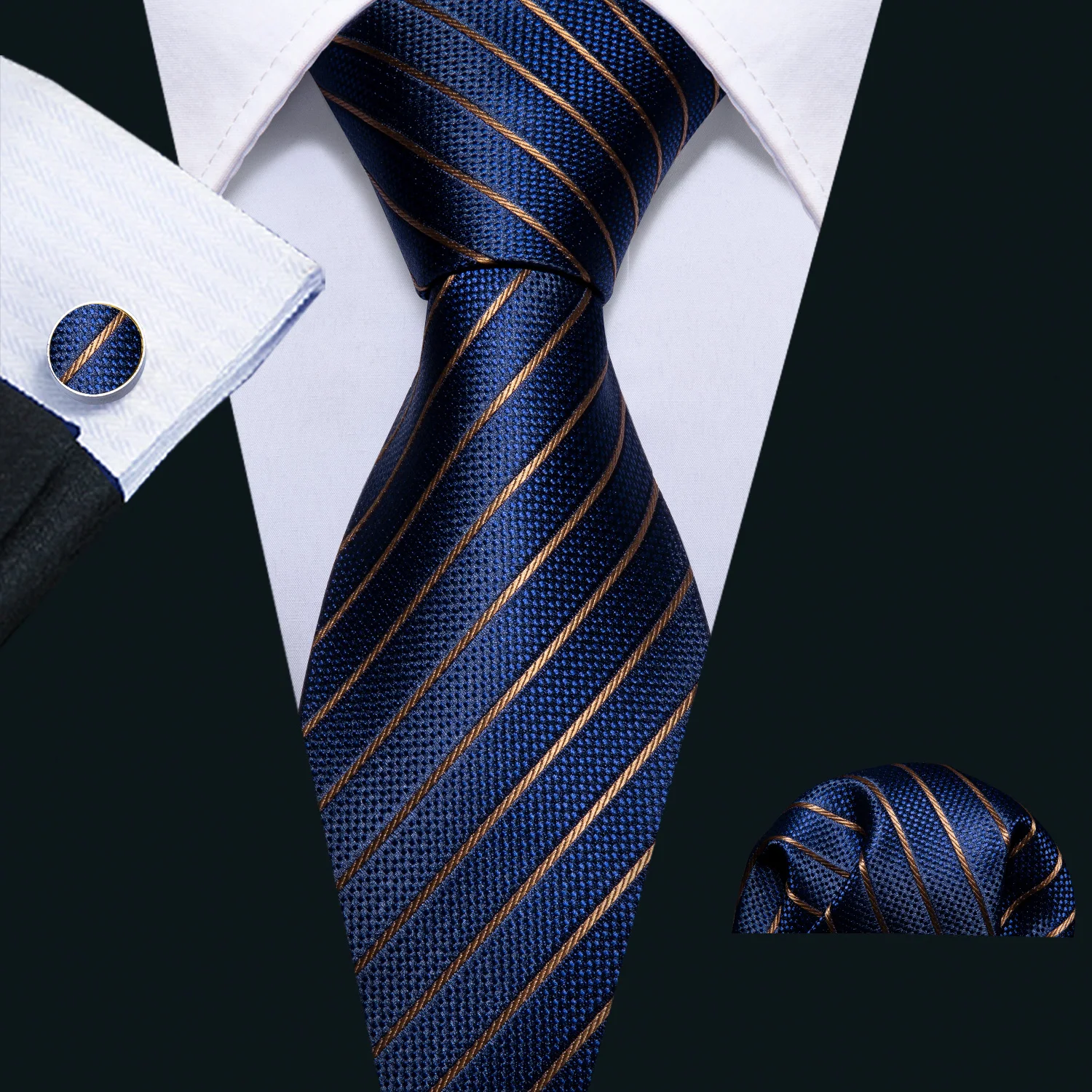 Men Tie Gold Navy Blue Striped Tie Barry.Wang 3.4