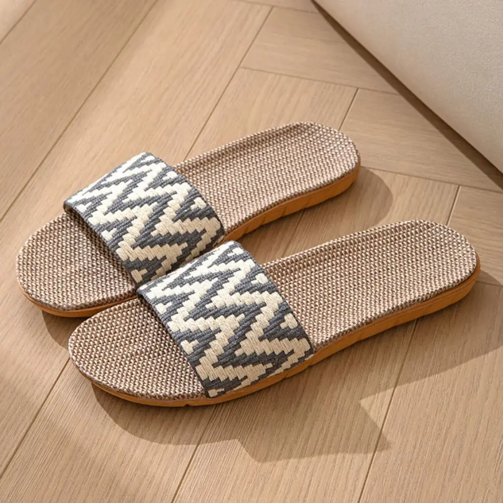 

Повседневные льняные тапочки в полоску в этническом стиле, мягкие льняные шлепанцы, нескользящая обувь, женские и мужские домашние тапочки