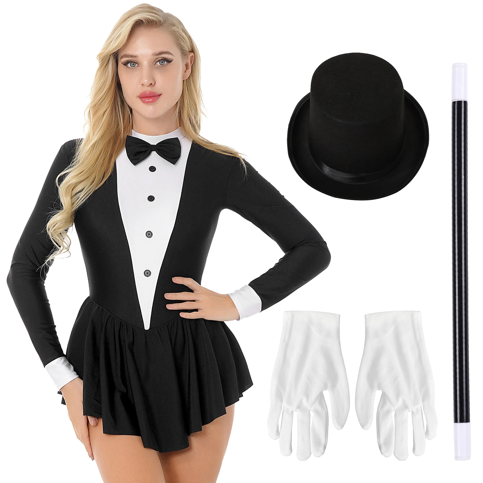 

Womens Modern Dance Magician Circus Ringmaster Uniform Costume Bowknot Button with Magic Wand Hat Gloves Formal Showing Costume