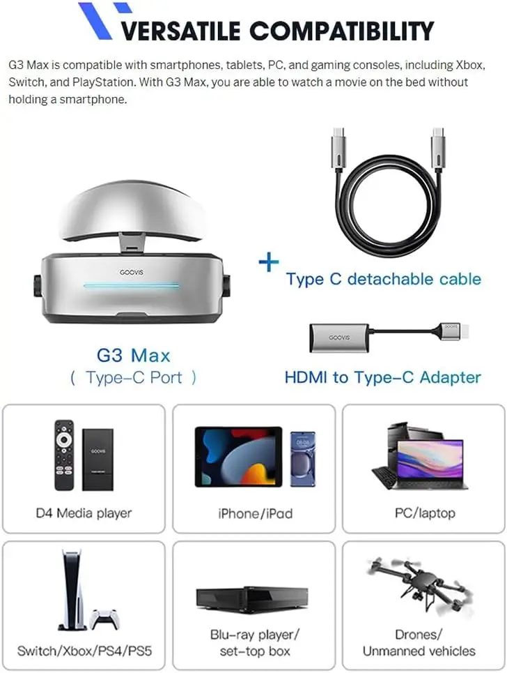 سماعات GOOVIS G3 MAX شاشة عرض عملاقة ثلاثية الأبعاد 5K غير VR AR نظارات تدعم تعديل قصر النظر للكمبيوتر الشخصي والهواتف الذكية وأجهزة Xbox