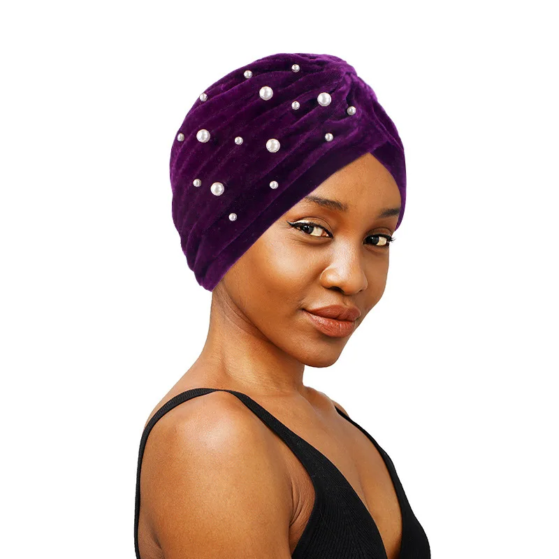 

Бархатные шапки-тюрбаны с бисером и жемчугом для женщин, мусульманские головные уборы, шляпа, исламский платок, капот, женские повязки на голову, химиотерапевтическая шапка от выпадения волос