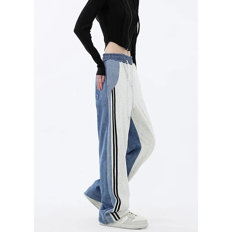 Spliced Wide Leg Pants, Elastic Waist Design, Color Matching Pocket, High Waist, Straight Leg, Casual Pants, Spring, New, 2024