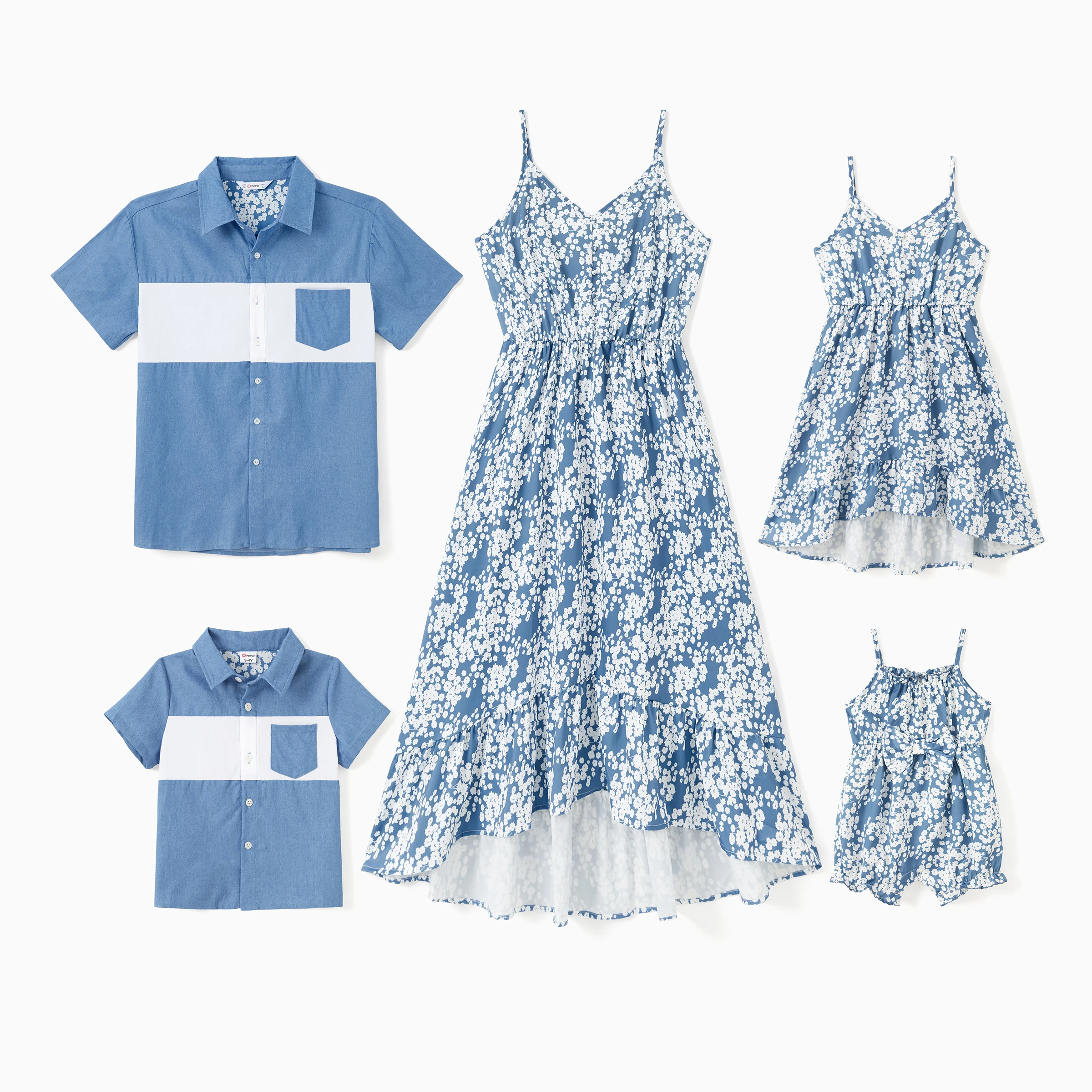 PatPat Family Matching Sets Blue Color Block Shirt or Button Up Ruffle Hem Floral Strap Dress