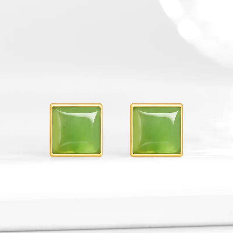 Spinach Green Natural Old Material Hotan Jade Nephrite Square Stud Earrings for Women S925 Silver Plated Simple Ear Dangles