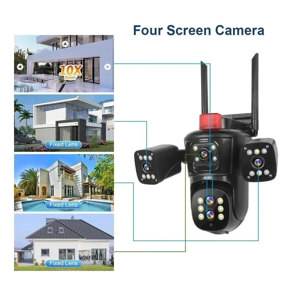 20MP WiFi Network Camera 10K Wireless Outdoor 10X Zoom Four Screen Four Lens PTZ Automatic Tracking Waterproof Security Cam CCTV