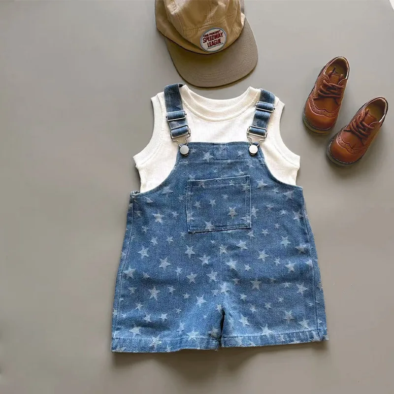 2026 Children's Soft Denim Overalls Summer New Star Light Casual Five-point Pants Suspender Pants