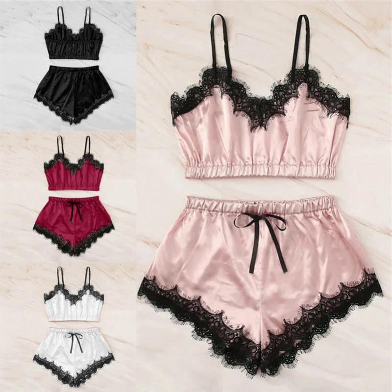 1set Lingerie Sexy Bra Set Women\'s Sleepwear Sleeveless Strap Lace Trim Satin Cami Tops Pajama Sets Bras Women Brief Sets