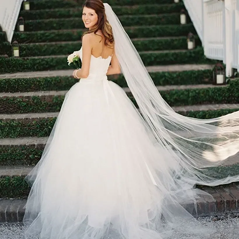 Tulle Sheer White Ivory Wedding Bridal Veils Cathedral for Bride 11059-2 Vive Les Mariés Bride Veil Long