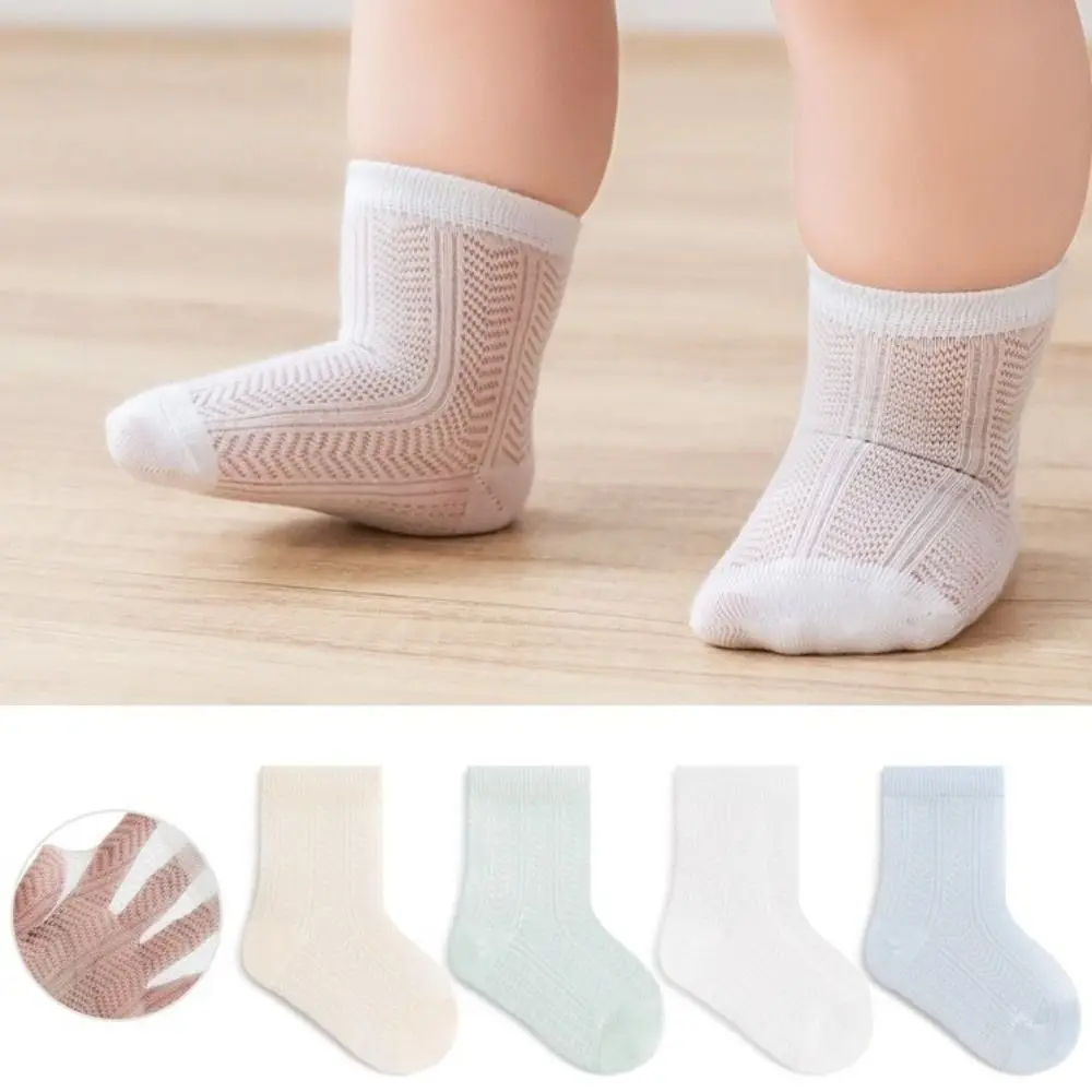 4 Pairs Combed Cotton Newborn Socks Breathable Multi-pattern Mid-calf Socks Thin Boneless Construction Baby Mesh Socks