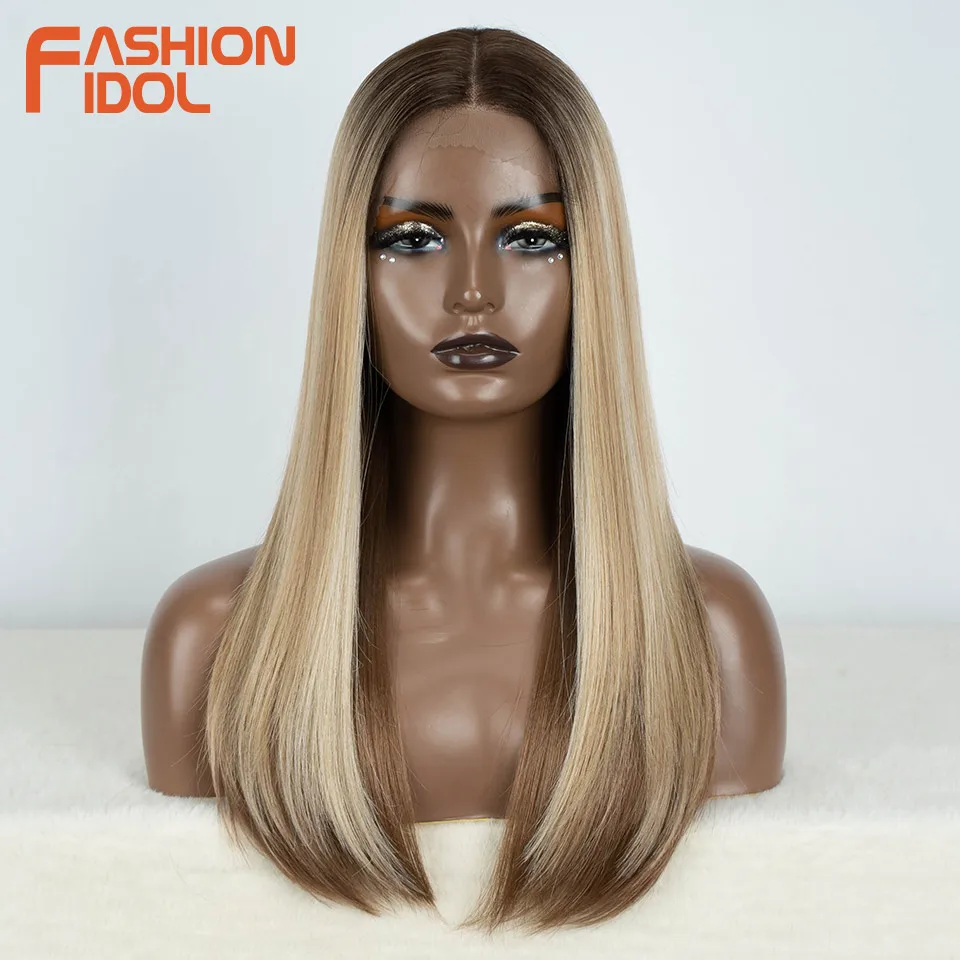 FASHION IDOL 14 Inch Lace Front Wig Synthetic Hair Ombre Brown Blonde Short Bob Wigs For Women Heat Resistant Fiber Cosplay Wig