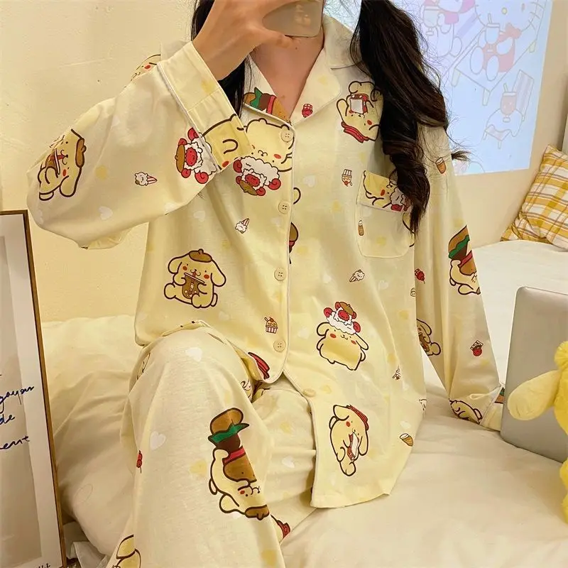 

Pompom Purin Women Sleeping Pajamas Sets Kawaii Cartoon Spring and Autumn Long Sleeve Pants Student Sleepwear Home Clothes New