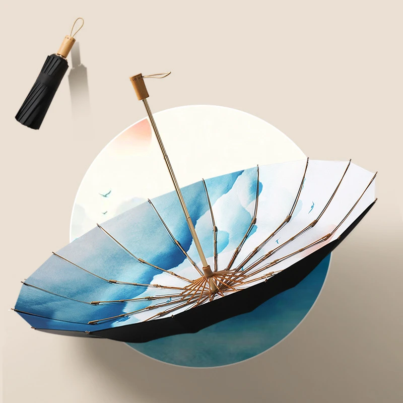 

Ink Painting Style Windproof Anti-uv 3 Folding Umbrella 16 Ribs Wood Handle Chinese Classical Umbrella For Women Men Parasol