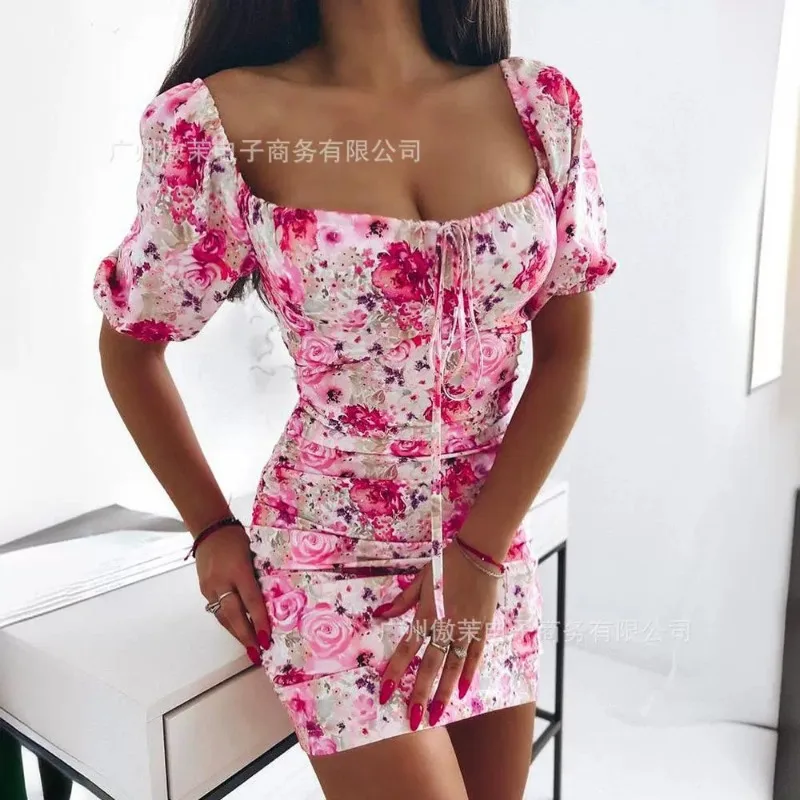 

New Arrivals Temperament Design Sense Spring Summer Women's Clothing Fashion Floral Print Puff Sleeve Bandage Tight Skirt