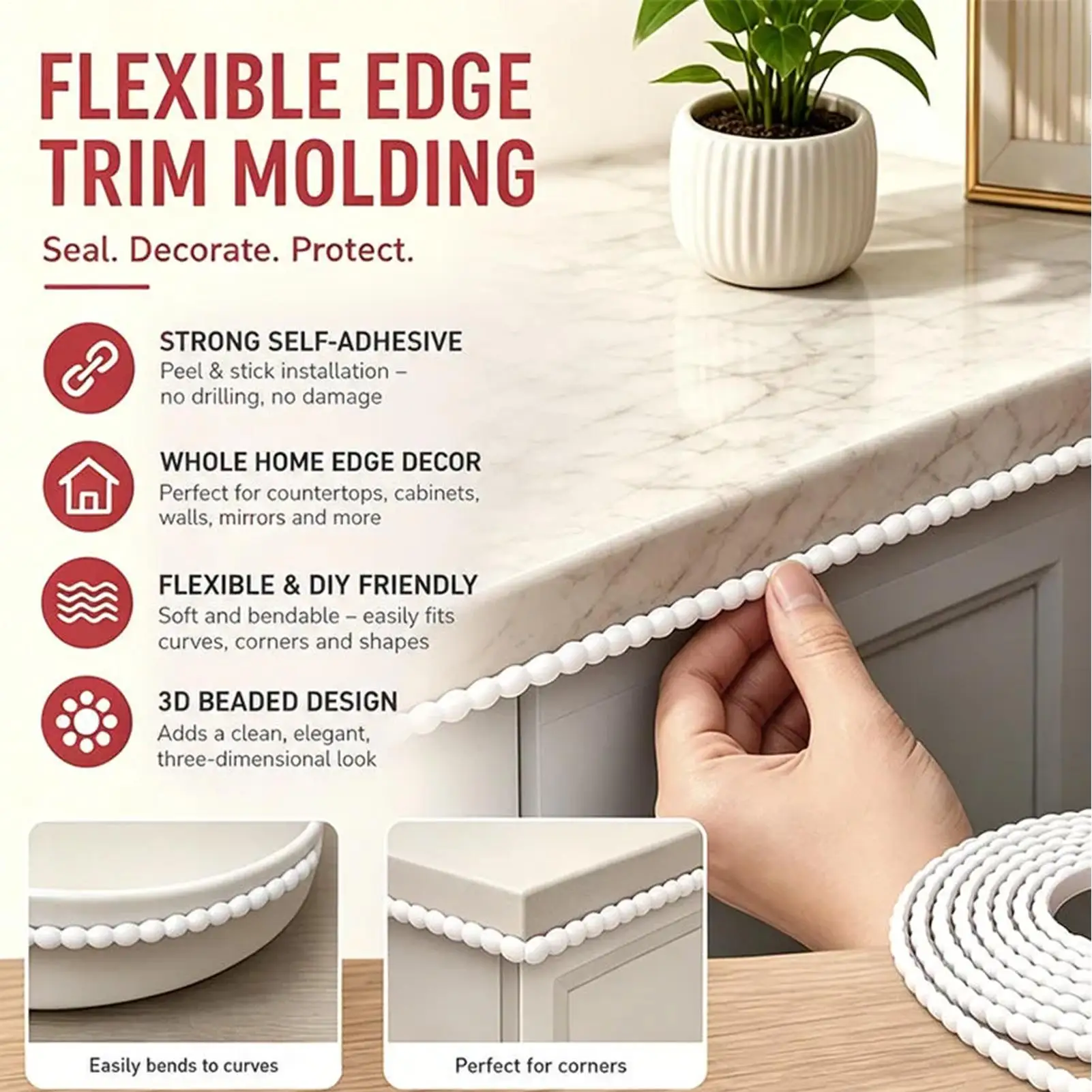 Peel And Stick Molding Trim Self-Adhesive Wallpaper Trim Decoration Self-Adhesive Door Molding Decor For Kitchen Bathroom Living