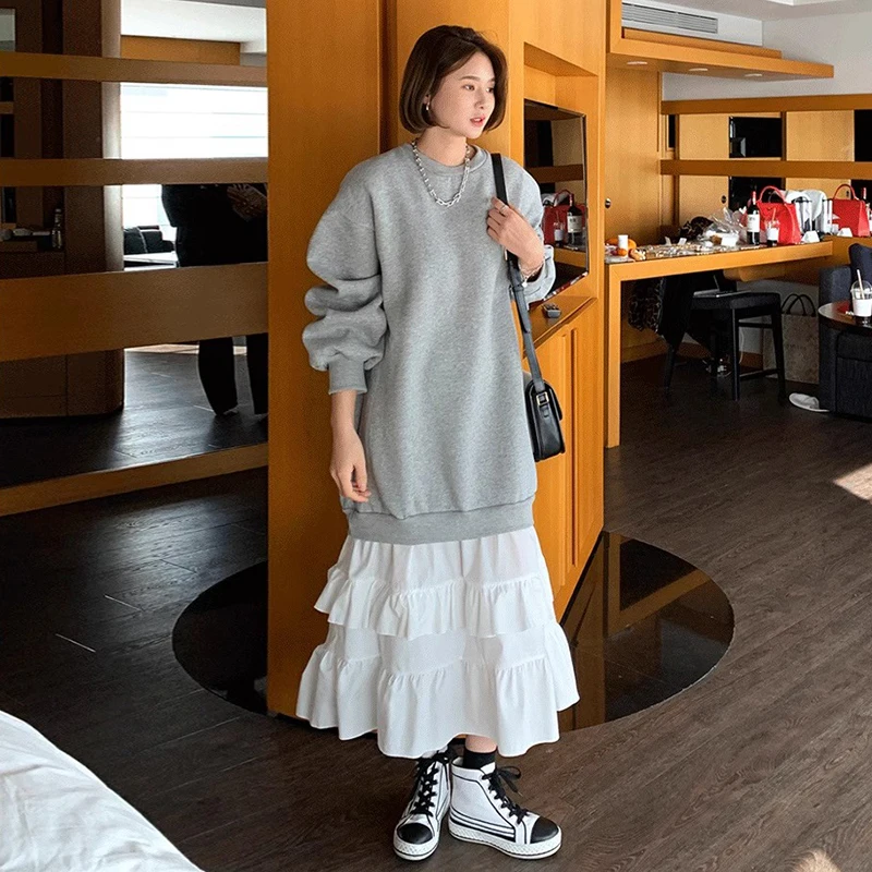 

Chic Autumn Lazy Sle round Ne Color Blo Double Layer Lace Hem Long Sve Sweatirt Dr Women's Faion Commute Kore...