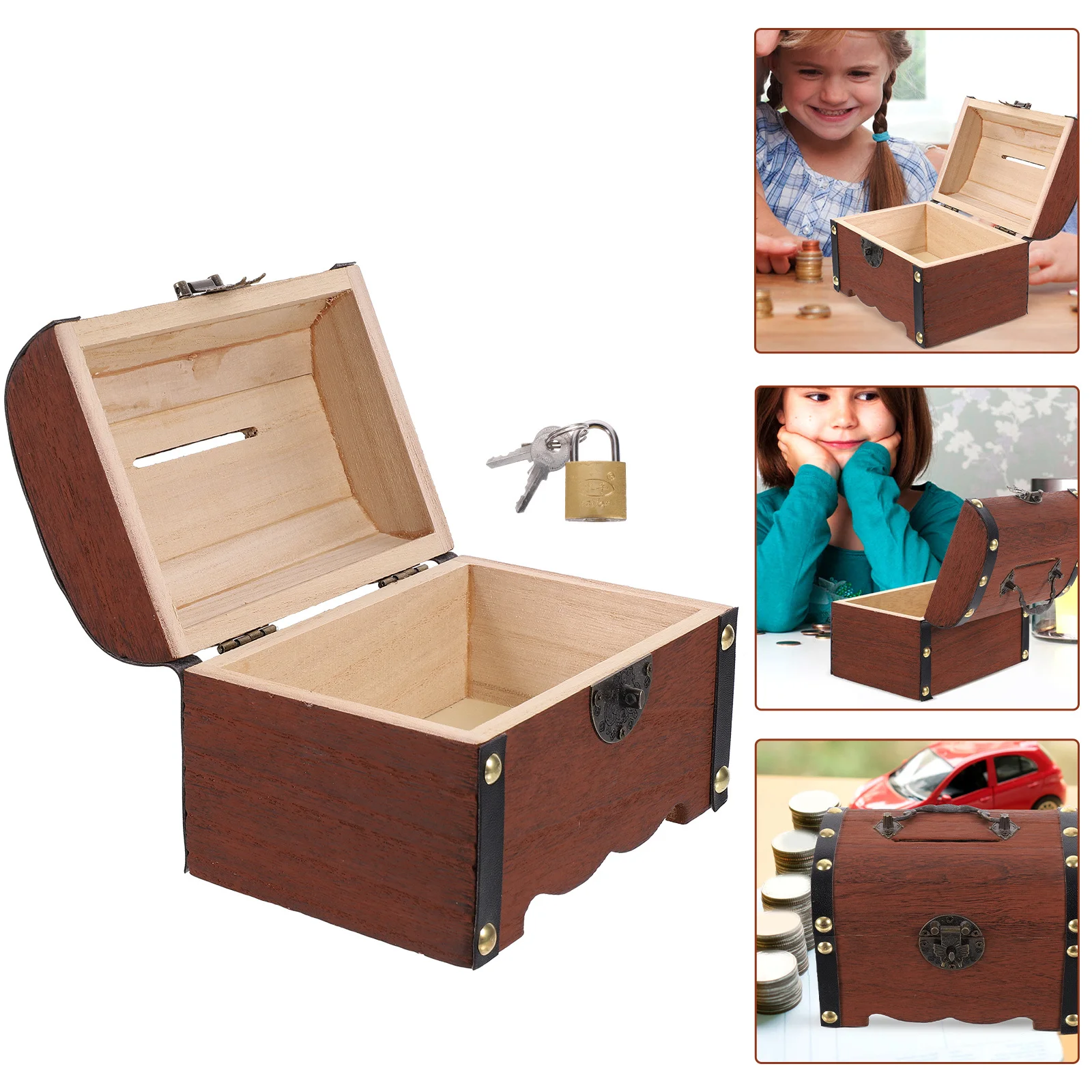 

Vintage Money Box For Kids Retro Wooden Piggy Bank With Lock Coin Jar Storage Pot Desktop Treasure Chest Trinket Case
