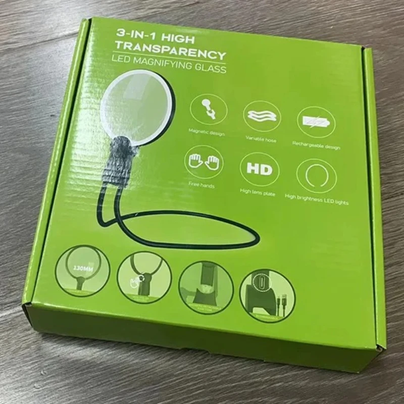 3X Rechargeable 24 LED Magnifying Glass, Neck Hanging & Handheld Desktop HD Round Magnifier for Reading Craft Repair