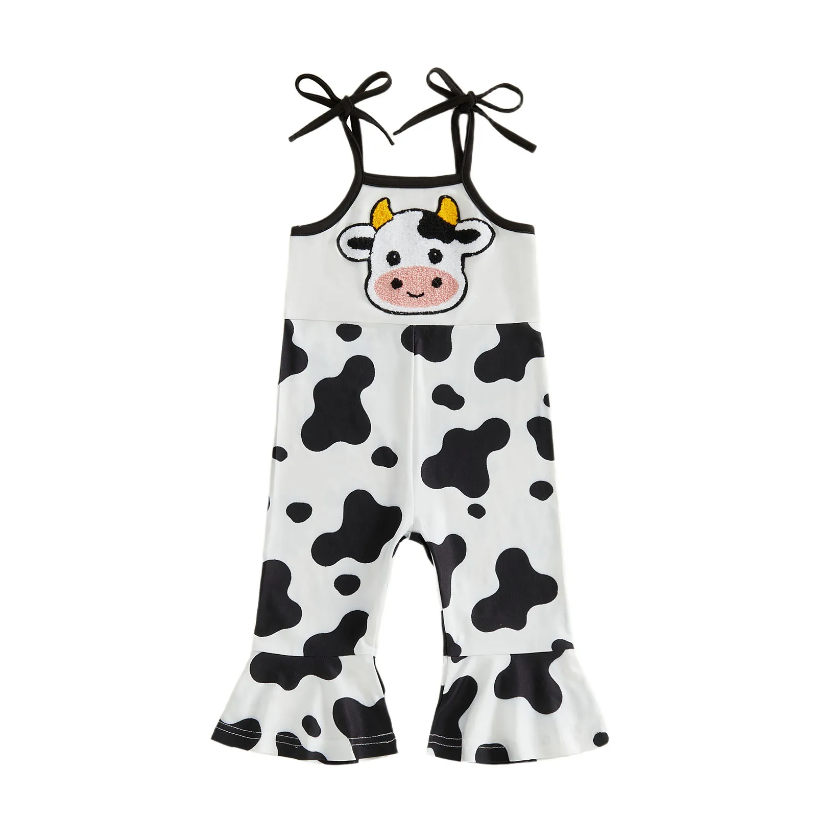 Girls Jumpsuit Sleeveless Tie Shoulder Strap Farm Animal Embroidery Romper Toddler Bell Bottoms