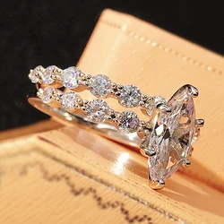Huitan New Fashion Design Marquise Cubic Zirconia Set Rings for Women Modern Trend Bridal Wedding Earrings Sparkling Jewelry