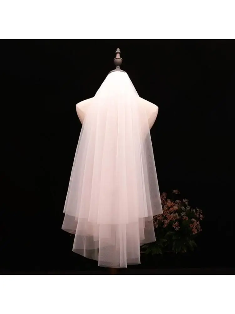 31BB Double-layer Bridal Veil Simple Cut White Sheer Tulle Short Length