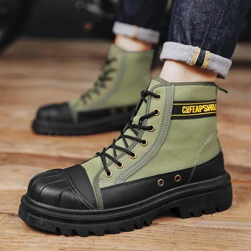 

New Men's high-top anti-collision work boots spring and autumn big-head motorcycle boots canvas shoes fashion boots coturno