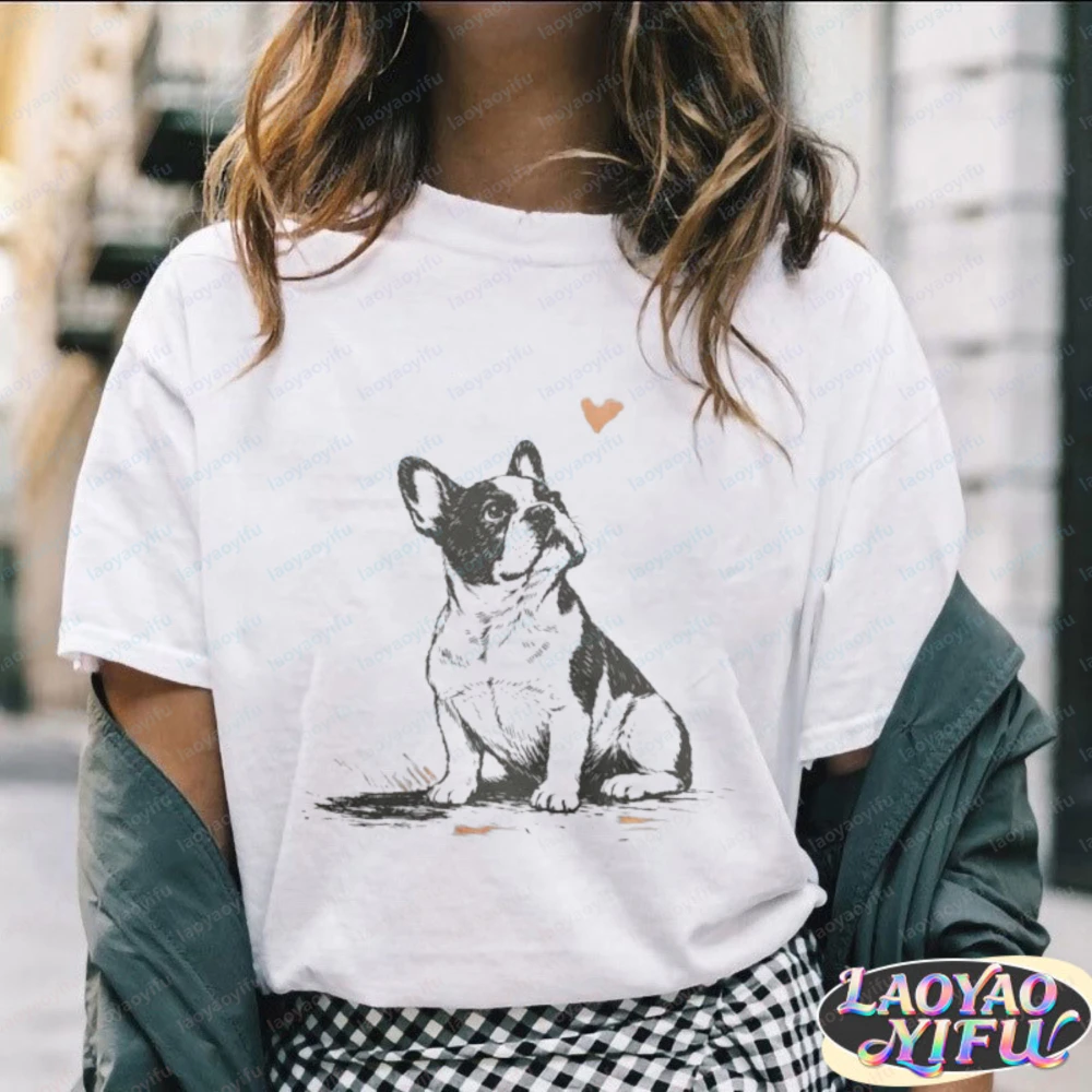 Bulldog Art Unisex Cotton Tee Minimalist French Bulldog with Heart Statement T-Shirt Casual Streetwear Summer Clothes for Women