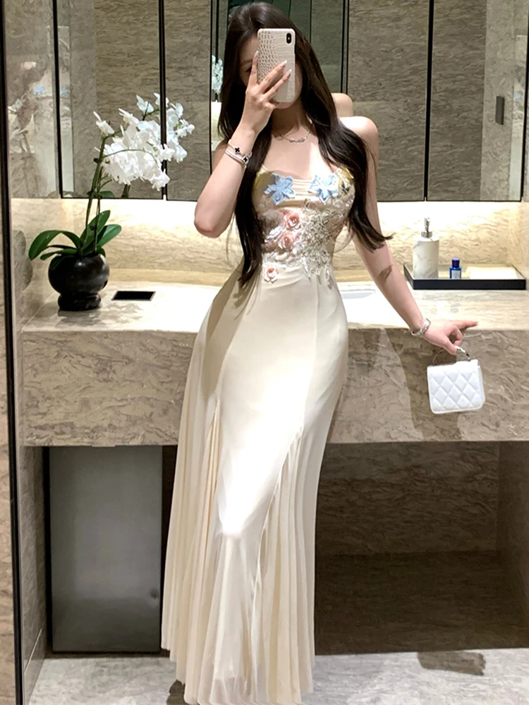 2025 nova malha branca apliques chique estilingue sexy vestido longo feminino elegante casual estilo praia vestido de verão coreano bodycon vestido de baile