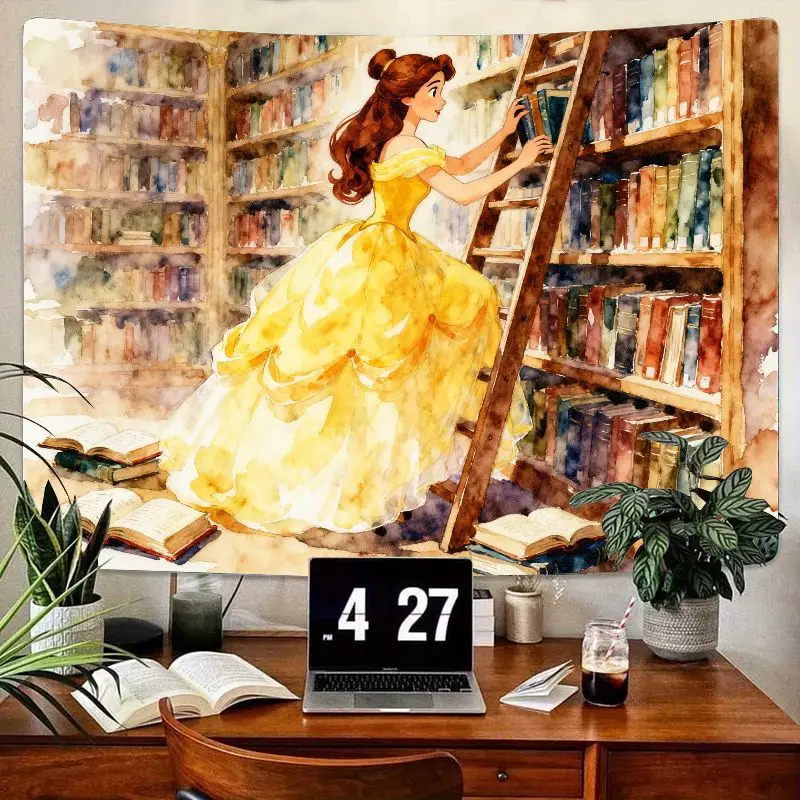 

1 шт., гобелен для библиотеки принцессы Белль, акварельная книжная полка, настенное искусство, эстетический декор комнаты в общежитии, подарок для любителей книг, полиэстеровая стена H