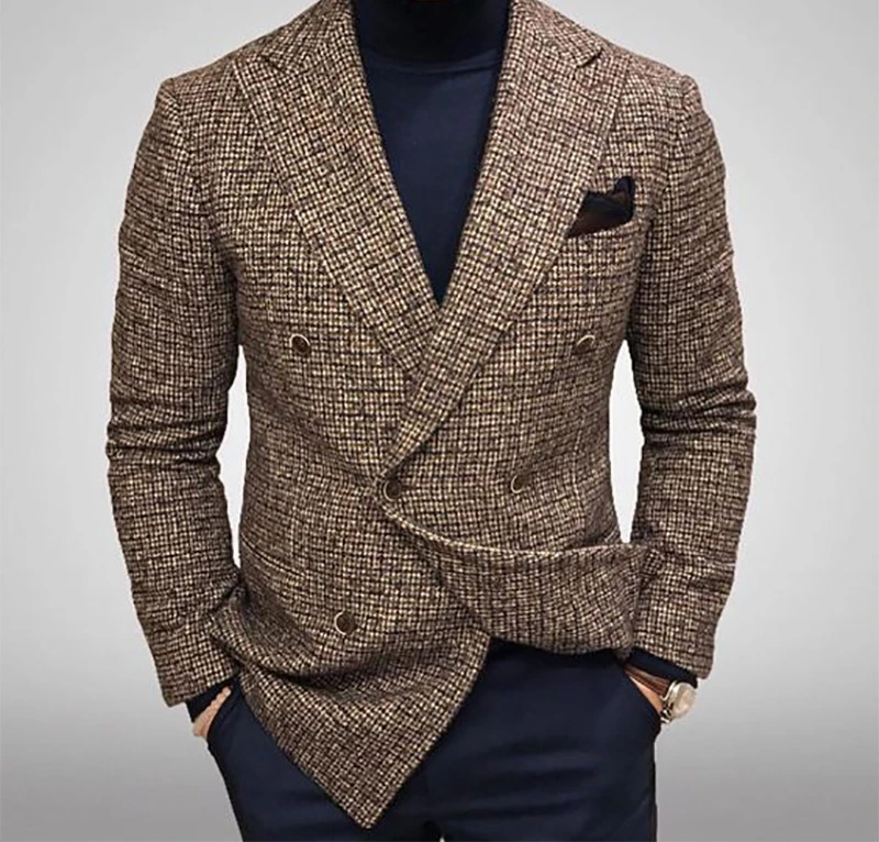 Autumn and Winter Elegant Men\'s Jackets Knit Men Blazer Slim Fit Fashion Versatile Casual Checkered Long Sleeves Suit Coat 2023