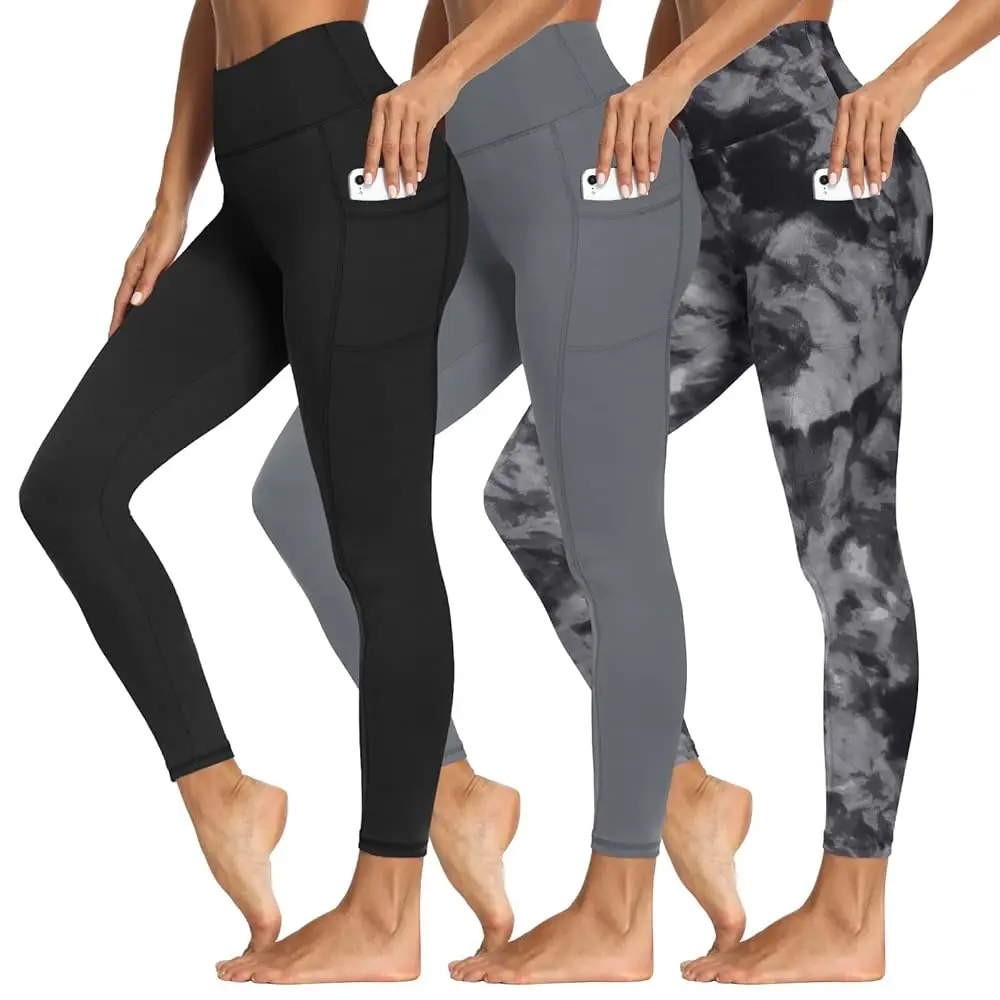 3 Packs Leggings with Pockets for Women, Soft High Waisted Tummy Control Workout Yoga Pants for Gym & Daily Wear