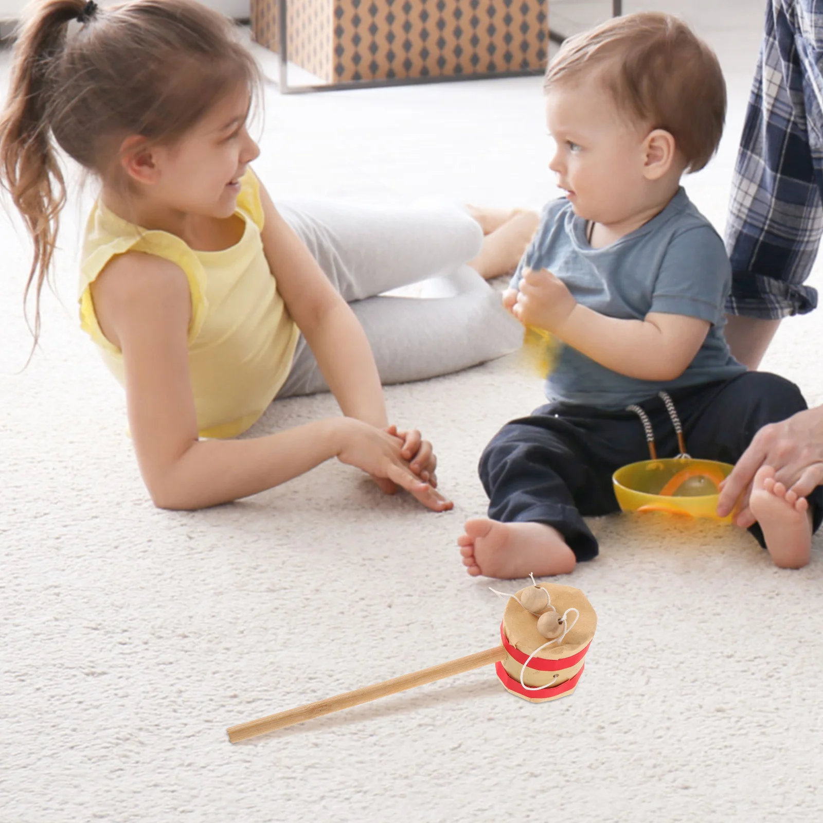 1 pièces hochet en bois tambour naturel fabriqué à la main bébé Musical filature tambour cloche à main pour enfants développement sensoriel chinois