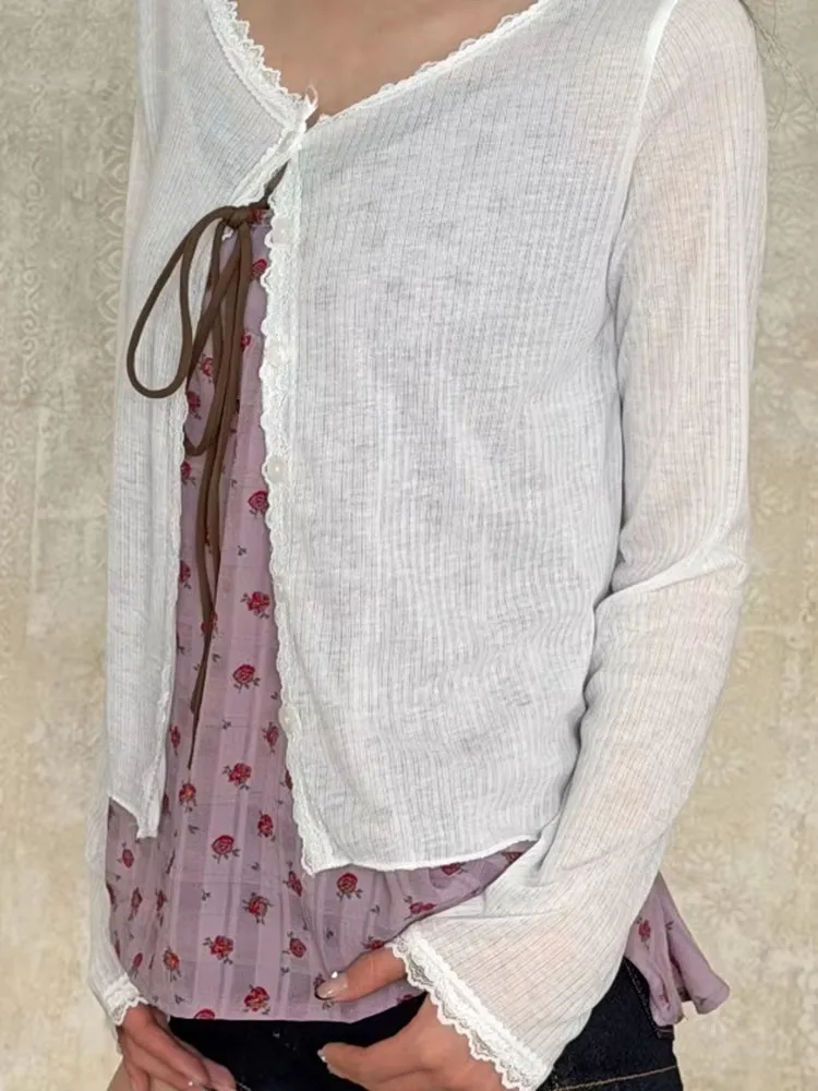 Knitting Thin Cardigan Women Patchwork Lace O-neck Tunic Sueter Mujer Long Sleeve Cropped Sweater 2026 Ropa Mujer Pull Femme
