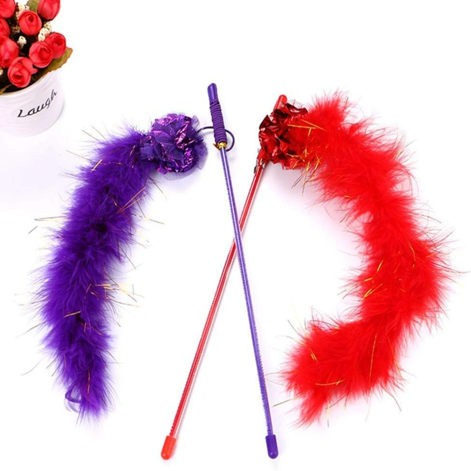 Interactive and Fun Feather Wand with Sound Paper and Rainbow Toy Set - 2Pcs Cat Teaser Wands and 1Pcs Rainbow Ribbon Wand for E