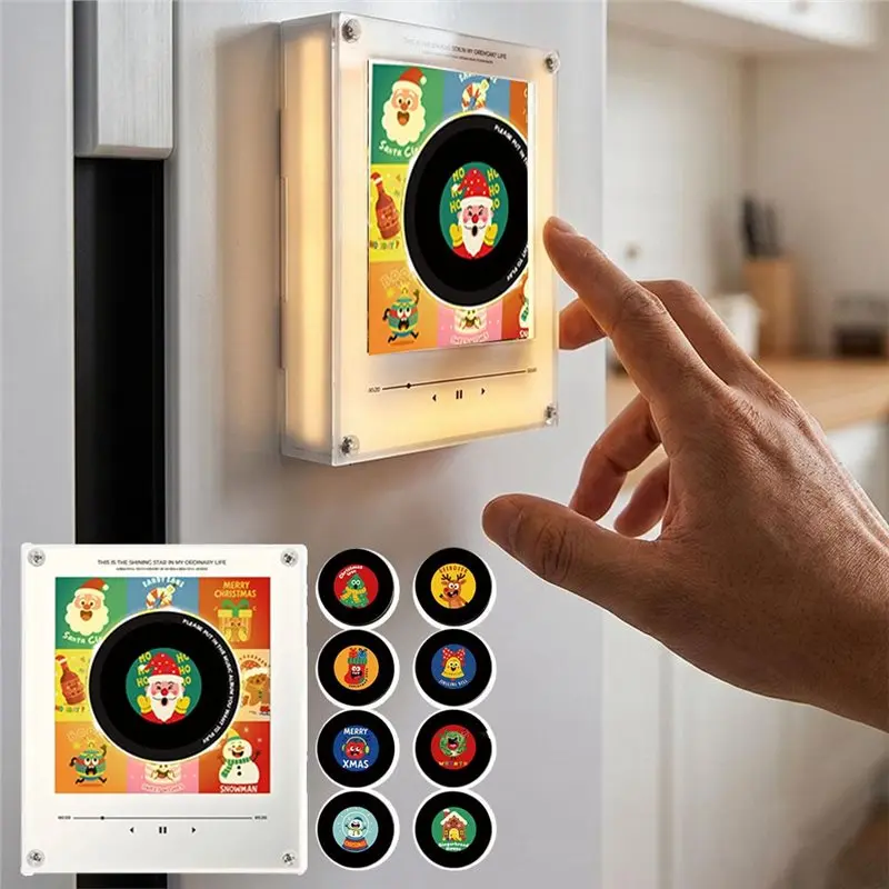 ABJI-Built-In LED Christmas Magnetic Music Fridge Magnet Touch To Play Vinyl Record Player Night Light Xmas Fridge Magnet