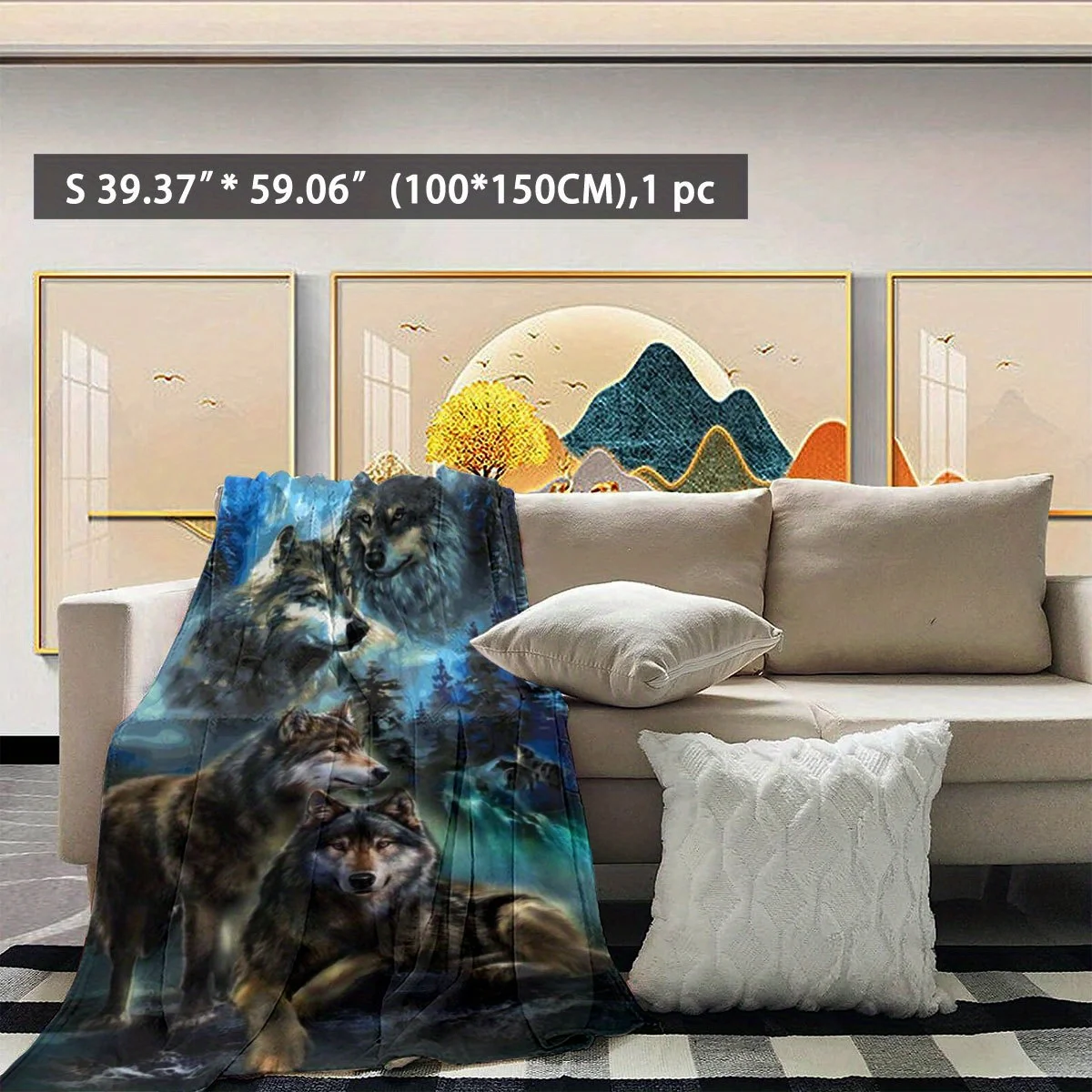 1pc of Four Wolves High-definition Digital Print Flannel Blanket, Soft and Warm - Suitable for Sofas, Office Chairs, Beds, Outdo